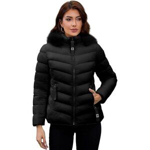 Women's Black 100% Polyester Shinny Zip-up Winter Warm Quilted Puffer Jacket